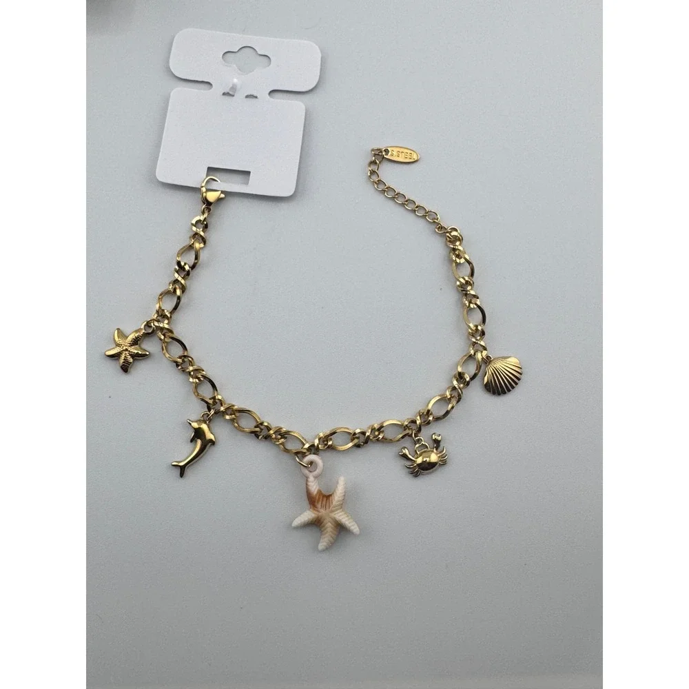 14k Gold Plated Stainless Steel Sea Life Charm Bracelet Starfish Dolphin Crab